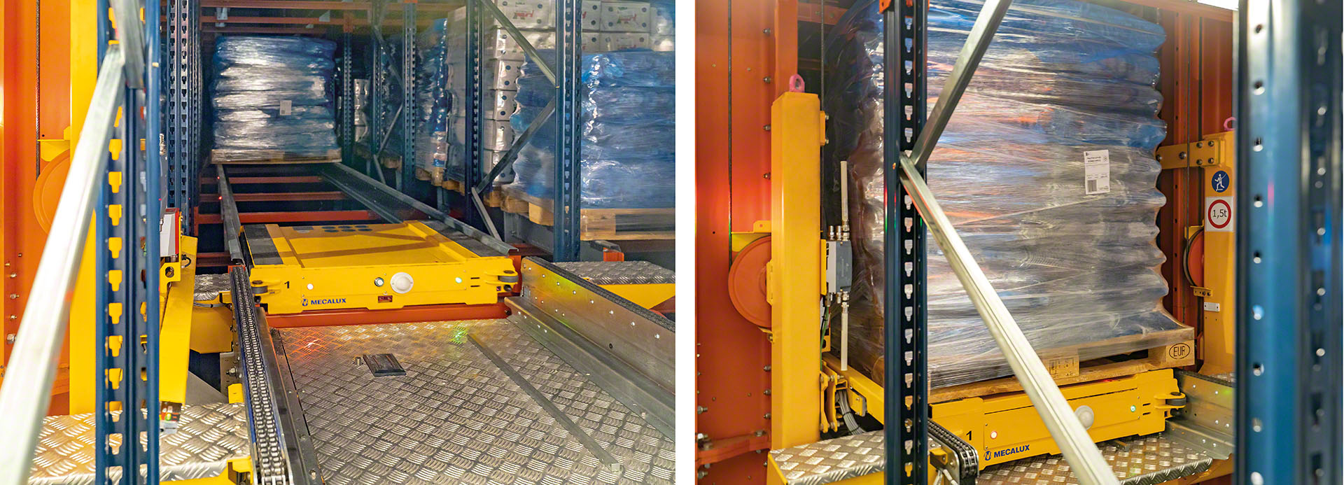 AS/RS automated pallet shuttle positioned in storage channel for pallet retrieval