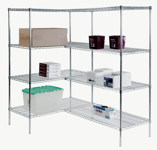 Chrome wire shelving with open construction for warehouse storage