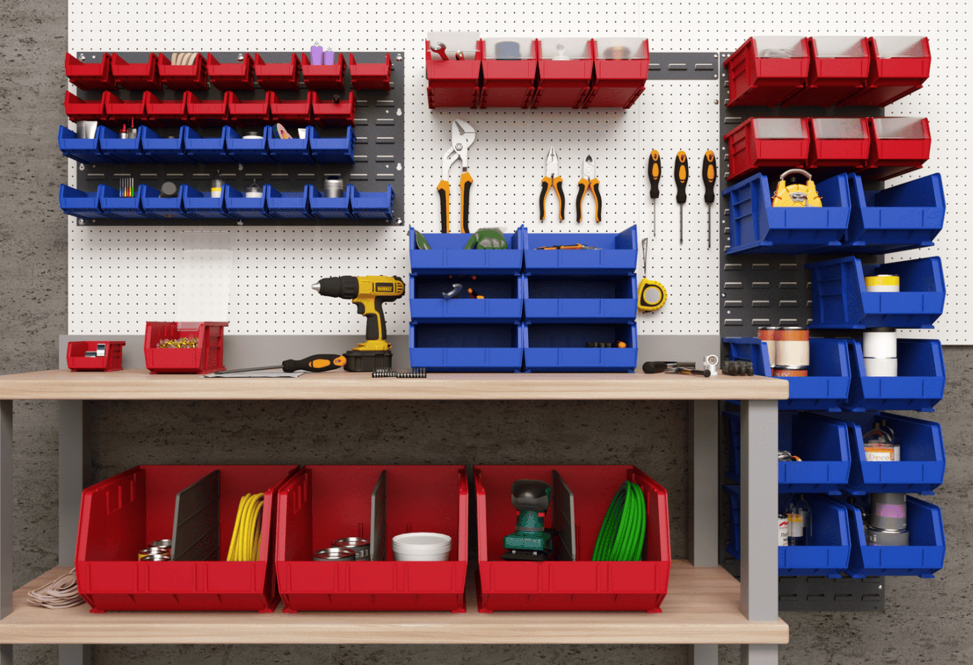 Plastic shelf bins for organized warehouse storage and parts management