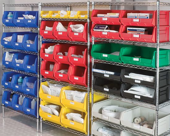 Plastic Shelf Bins & Chrome Wire Shelving in warehouse