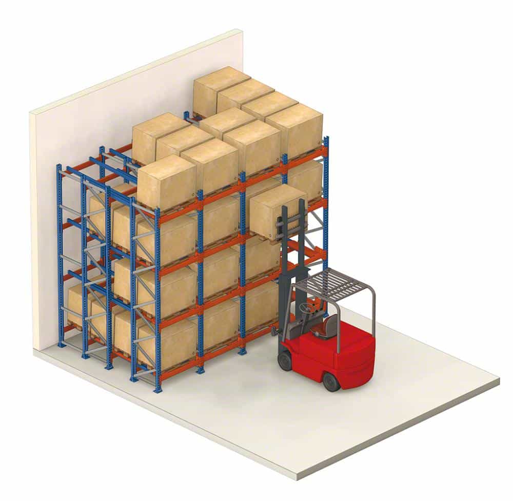 Pushback pallet racking system diagram showing multi-level storage with forklift loading pallets onto wheeled carts