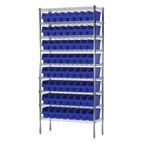 Chrome wire shelving unit loaded with colorful plastic shelf bins and AkroBins