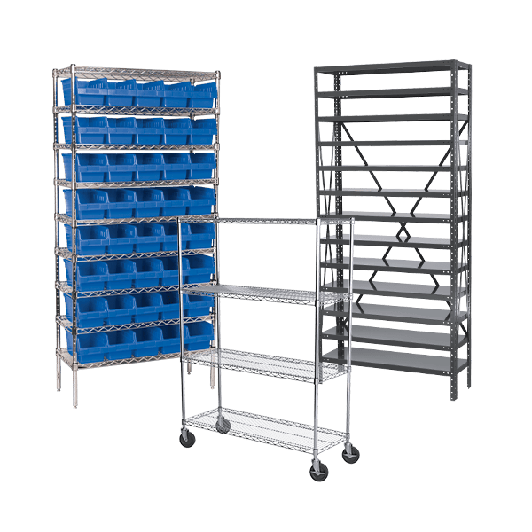 Plastic storage totes and shelf bins organized on industrial warehouse shelving