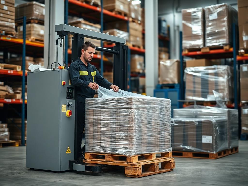 Worker using pallet wrapper machine to wrap pallets with stretch film